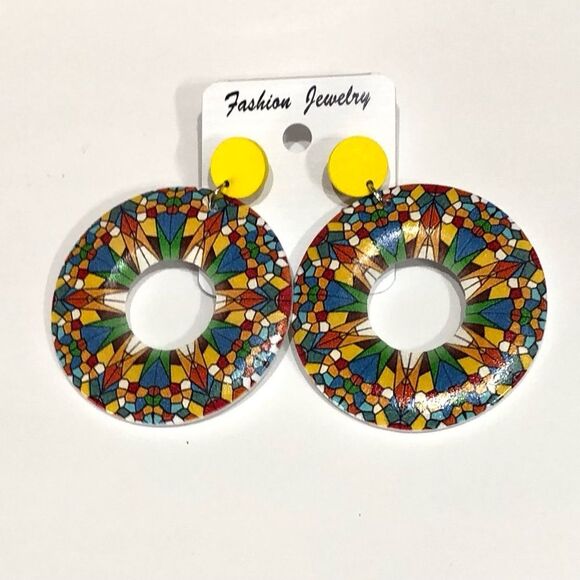 Boho Festive Multicolored Wooden Hoop Dangle Earrings - 210 - Picture 5 of 7
